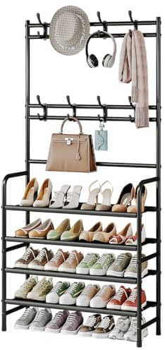 Dazioter Coat Rack Shoe Rack With Storage Shelf Freestanding with 8 Hooks for Entryway Bedroom Closet 4 Tier, Black
