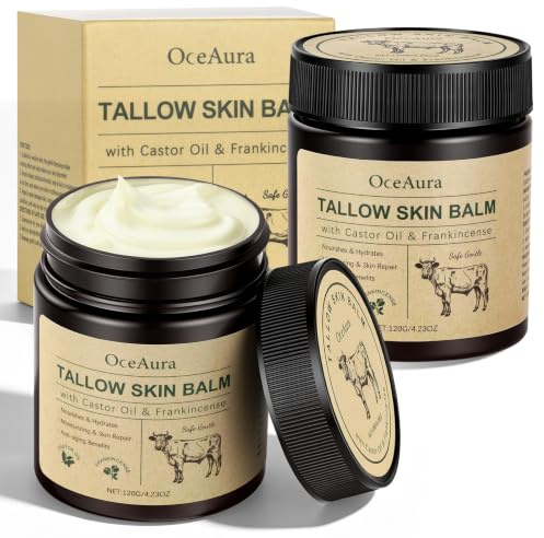 HOTUT Whipped Beef Tallow Cream, 2 stycken gräsmattad nötköttstalg, Whipped nötköttstalgkräm gjord av gräsmatad Tallow, fuktkräm, talg ansiktskräm för ansikte kropp djup hydrering, 120 g