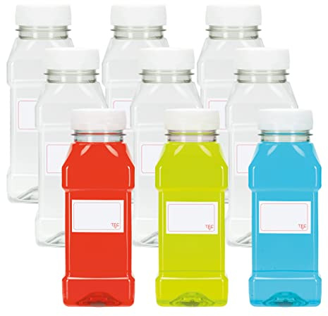 TEC Juice Bottles 250ml with Lids UK Made 30% Recycled PET Plastic Small Clear Square Tamper Evident Mini Energy Drink Smoothie Water Bottle Pack in Bulk