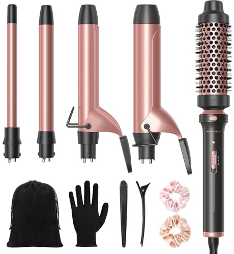 Wavytalk 5 in 1 Curling Iron,Curling Iron Set with Heated Round Brush and 4 Interchangeable Ceramic Curling Wand(0.5”-1.25), Instant Heat Up,Dual Voltage Hair Curler