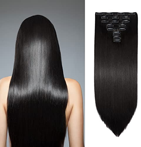 Extensions Clip in Extensions Echthaar 8 Teile 60cm Haarverlängerung Haarteil Glatt Synthetische Haare Natürlich Lang, Dunkelbraun