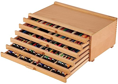 VISWIN Caja de Madera de 6 Cajones con Separadores Extraíbles, Caja de Madera de Haya de Primera Calidad, Caja Organizadora Portátil para Pinturas, Bolígrafos, Pinceles y Materiales de Arte