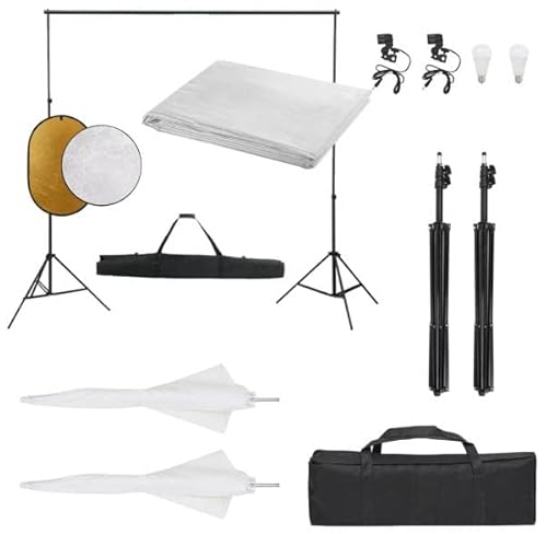 vidaXL Kit de Estudio Fotográfico con Set de Luces, Fondo y Reflector Soporte Pantalla Foto Video Sistema Lámparas Luz Iluminación Plegable