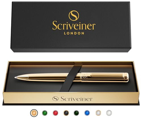 Scriveiner Gold Ballpoint Pen - Stunning Luxury Pen, Real Gold Plating, Schmidt Black Refill, Best Ball Pen Gift Set for Men & Women, Professional Executive Office, Nice Fancy Designer Pens