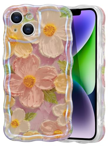 EYZUTAK Handyhülle für iPhone 13,Vintage Ölgemälde Blume Handyhülle mit Glitzer Laserblume Hülle Lockiges Wellen Rahmenform Soft TPU Case Silikon Case mit Anti-Kratzen Stoßfeste Schutzhülle Cover-Rosa