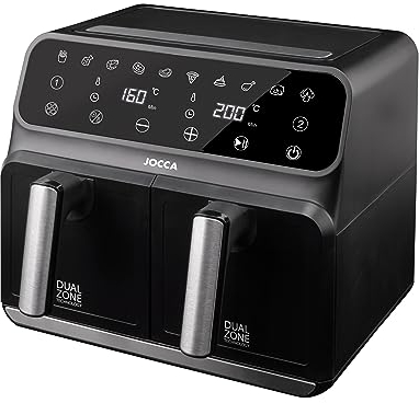 JOCCA - Freidora de Aire Caliente 8L| Freidora Sin Aceite Gran Capacidad| Air Fryer con 2 Cubetas 4L + 4L| Temporizador| Temperatura Ajustable| Cocina Sana| 1700W (Negro 4L+4L)