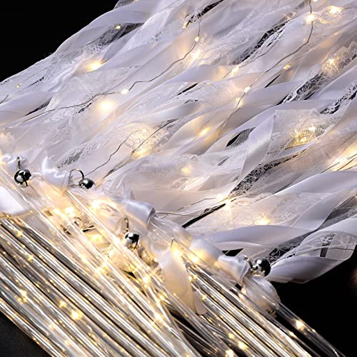 Unittype Light up Wand for Wedding Silk Streamer with Bell LED Fairy Ribbon Fairy Wand Glow in the Dark Flashing Lace Stick for Wedding Birthday Party Favor(72 Pieces,White & Warm White LED)