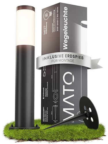 MATO Weglampe Außen mit Erdspieß - E27 Fassung, Höhe 50 cm - Outdoor Pollerleuchte aus Edelstahl IP44 - Wegleuchte, Sockelleuchte, Standleuchte, Gehwegleuchten Außen, Wegbeleuchtung