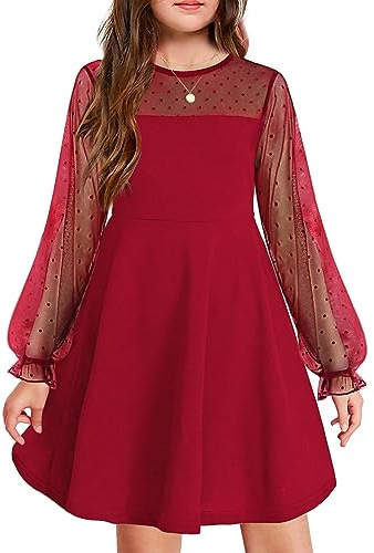 Arshiner Robe Filles Fête De Mariage Robe À Manches Longues Robe Décontractée Robes De Princesse Enfants Adolescents Vêtements Vin Rouge 150 11-12 Ans