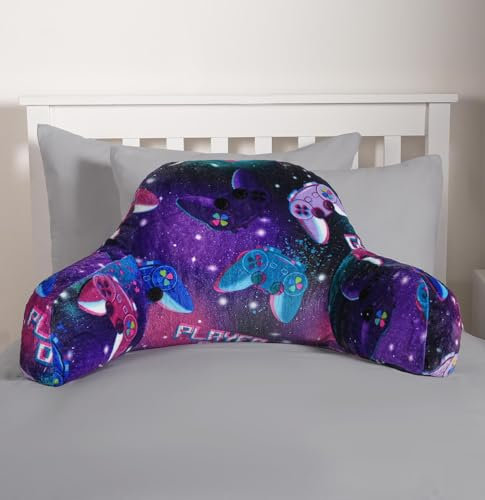OHS Gaming Cushion for Kids, Soft Cosy Reading Pillow for Kids Supportive Fleece Cuddle Cushion with Arms Backrest Relaxing Comfy - Gaming Pillow Purple Neon