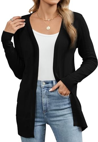 Famrrifuu Femme Gilet Manches Longues Col en V Cardigan Long Chic et Elegant Été Veste Tricot Léger Ouverte Gilets, Noir, M