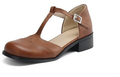 Mujer Correa En T Vintage Ballerines Cerrada Punta Redonda Zapatos Casuales Tacón Bajo Zapatos De Vestir Retro,Marrón,41 EU