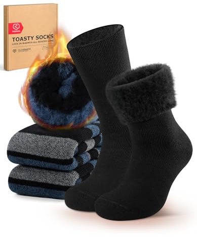 CLOSEMATE Calcetines Invierno Hombre Termicos Frío Extremo 2 Pares Gruesos Cálidos Acolchados Largos Algodón Antisudor Altos Suaves Cómodos 1Negro 1Rayas Azul L
