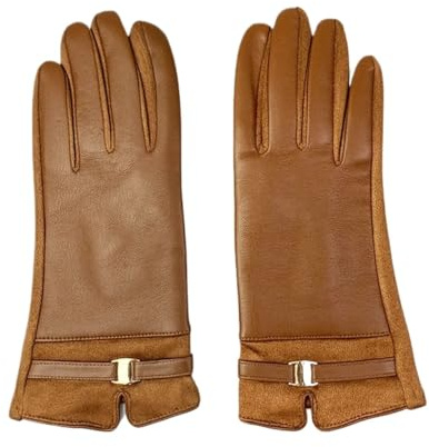 GIYXHU Läderhandskar för damer glansig PU mocka elegant vindtät vinter damhandskar full finger handvärmare dam läder, Brun, en storlek