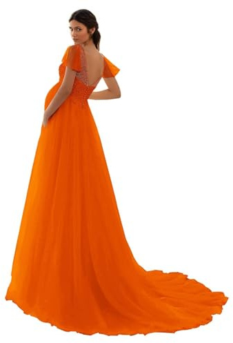 HAIBFJIN Vestido de maternidad de tul, cuello en V, vestido de novia para embarazadas, vestidos de maternidad para baby shower, sesión de fotos, naranja, 50
