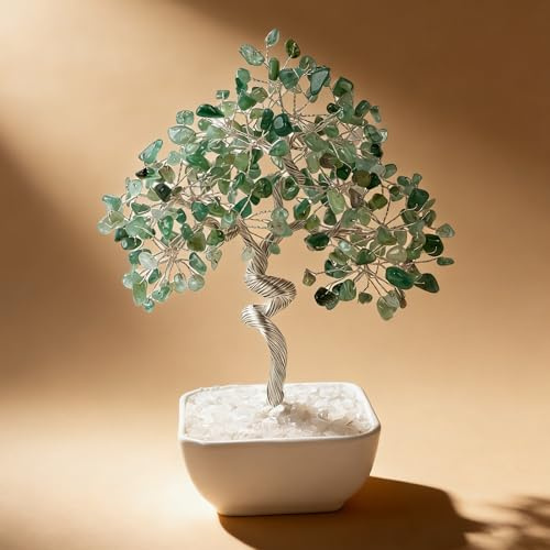 Emivery Crystal Tree of Life - 7 Inch Feng Shui Money Tree with 243 Gemstones for Calm & Intuition, Third Eye Chakra Healing, Handmade Purple Crystal Decor & Spiritual Gift (Green)