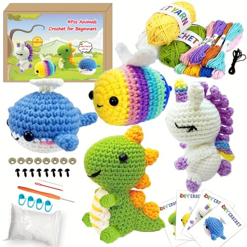 SJOAUET 4Pcs Crochet Kit for Beginners, DIY Craft for Adults | Great Gife for Crochet Lovers, Crocheting Animal Kits with Step by Step Videos,Yarn,Crochet Hook,Birthday Holiday Gift