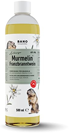 BANO Tiroler Murmelin Franzbranntwein 500ml | Ideal vor und nach Sport und körperlicher Betätigung, sowie bei Muskelkater | zum Kühlen schwerer Beine | enthält neben 65% vol. Alkohol unter anderem echtes Latschenkieferöl, Menthol und Arnikaextrakt