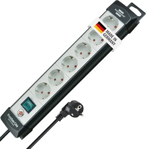 Brennenstuhl Premium-Line grenuttag 6-vägs (förlängningssladd med strömbrytare och 3m kabel - 45° placering av uttagen, väggmonterat grenuttag, Made in Germany) svart/grå