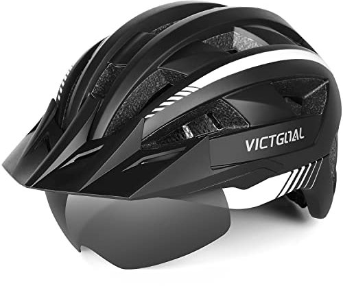 Victgoal Bike Helmet for Men Women with Led Light Detachable Magnetic Goggles Visor Mountain & Road Bicycle Helmets Adjustable Size Adult Cycling Helmets (L: 22.4-24 inch (57-61 cm), Black White)