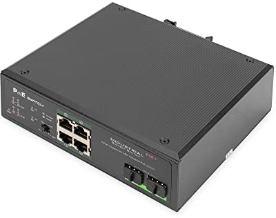 DIGITUS Switch di rete industriale a 6 porte Gigabit PoE - 4x RJ45 + 2x Gigabit SFP uplink - non gestito - montaggio su guida DIN - 10/100/1000 Mbit/s - nero