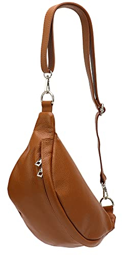 SH Leder ® echt Leder Hüfttasche Damen Herren Unisex Gürteltasche für Festival Reise Bauchtasche mittelgroße Crossbody Bag Frauen Ledertasche 32x17cm Marie G528 (Cognac)