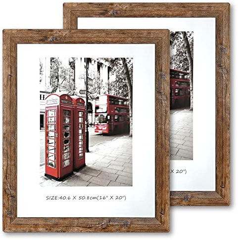 16x20 Picture Frame, Set of 2 Picture Frames Plexiglass and Composite Wooden Rustic Rounded Corners Poster Frame for Wall Mount with Hanging Hardware(Brown)