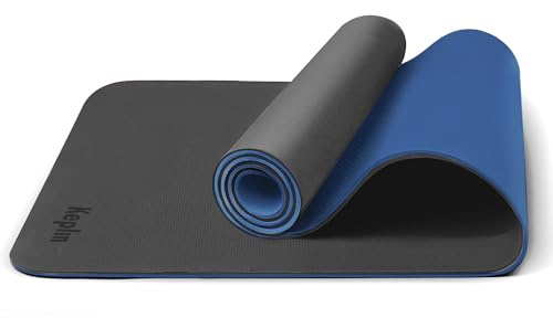 KEPLIN Yoga & Exercise Mat with Carry Strap, Large Non-Slip Comfortable Training & Workout Floor Mat for Home or Outdoor, Gym, Pilates, Gymnastics, HiiT, Stretching & Meditation (Grey and Blue)