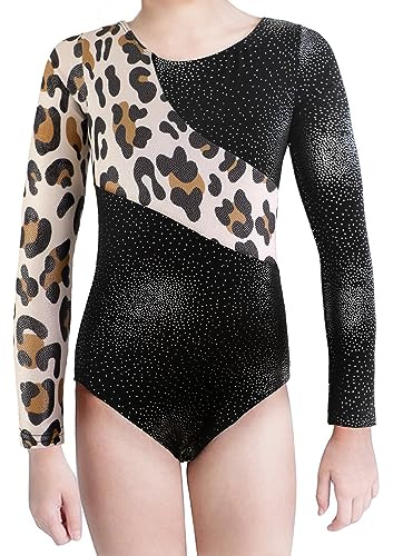 XiaoMoSha Gymnastikdräkt för flickor Långärmad/ärmlös dansdräkt Sparkle balettdräkt,Vit leopardmönstrad,5-6 år