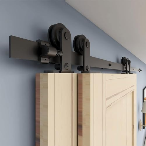 ETIASQSA Schiebetürbeschlag, Doppeltür 305CM/10FT Schiebetürsystem, Gleitschiene Lamellentür Schiebetür schiene Komplettset für 2 Holztür Tore, T Shape Schwarz