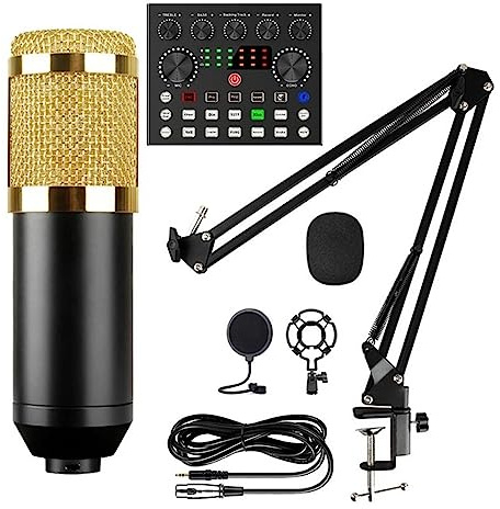 EBAYTV Kit Scheda Audio, Set microfono a condensatore con scheda audio live (opzionale), supporto antiurto in metallo e filtro pop a doppio strato for podcast live(Style B Gold)