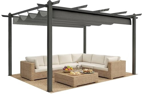 Outsunny 4 x 3(m) Aluminium Outdoor Pergola with Retractable Roof, Outdoor Gazebo Canopy Shelter with Grommet Holes for Garden, Patio, Lawn, Grey
