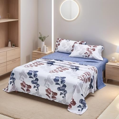 H HANSEL HOME Juego de Sábanas Cama 135cm 4 Piezas 100% Microfibra Transpirable Duradero Ultra Suave - Incluye 1 Encimera, 1 Bajera Ajustable y 2 Fundas de Almohada - Hojas Azul