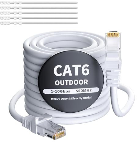 Mygatti 30 Mètres Câble Ethernet Extérieur CAT6 Blanc, Réseau Internet Gigabit, Robuste, Étanche, Pose Directe Pour Caméra POE, Raccordement LAN Long Cat 6/5e/5 RJ45 + 25 Attaches