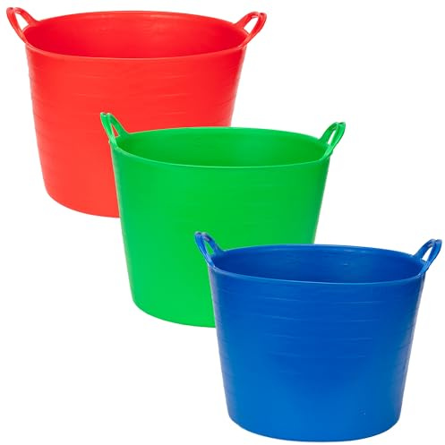 Amtech - 3 Pack Flexi Tub for Carrying Water, Soil, Bricks, Animal Feed and More, Super Strong Reinforced Handles, Durable and Long Lasting, Heavy Duty, Cold Resistant (Red, Green & Blue) (42L)