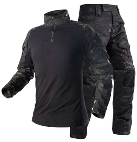 Oanviso Tactique de Camouflage Costume Vêtements Homme Tenue Airsoft Chemise Militaire Combat Haut Manches Longues Camouflage Pantalon Tactique Cargo Pantalon B Noir XL