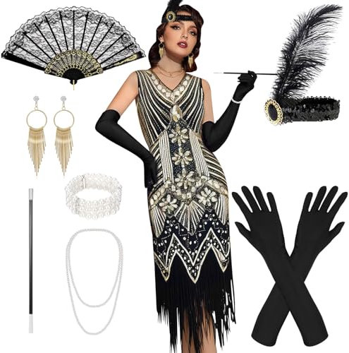 20er Jahre Kostüm Damen, 20er Jahre Kleider mit 20er Jahre Accessoires, V-Ausschnitt Pailletten Perlen Fransen Kleid, Karneval Kostüm mit Fächer, für Karneval, Partys, Tänze, L (Schwarz Gold)