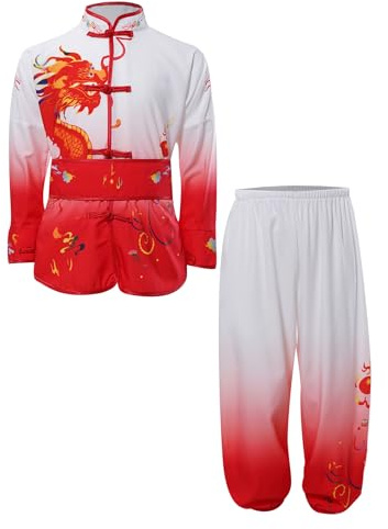 RUNQHUI Enfant Garçon Fille Ensemble Arts Martiaux Costume Kung Fu Tai Chi Chinois Tenue Sport Rouge 15-16 ans