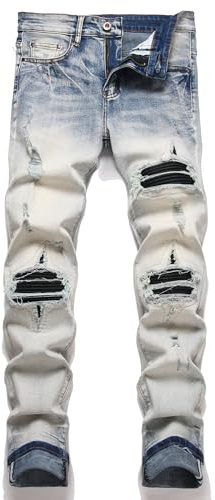 AITITIA Men's Ripped Regular Fit Stretch Jeans, Light Wash, 40