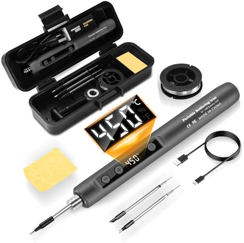 Daakro 2-in-1 Akku Lötkolben Set,180-450℃ mit einstellbarer Temperatur,mit LED-Anzeige USB-aufladbares lötkolben mit Lötdraht, Werkzeugkasten, Akku-Lötkolben-Set, 3 Lötkolbenspitzen usw(Grau)