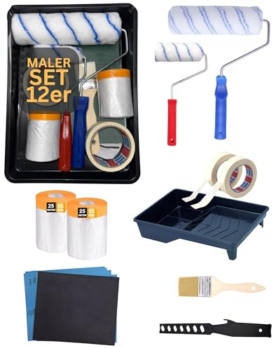 Maler-Set 12-teilig – Farbroller Farbwalzen Malerzubehör für Wandfarbe – Komplettes Streichset inkl. Farbwanne Abdeckfolie Malerkrepp Pinsel Schleifpapier Farbrührstab für saubere Profi-Ergebnisse