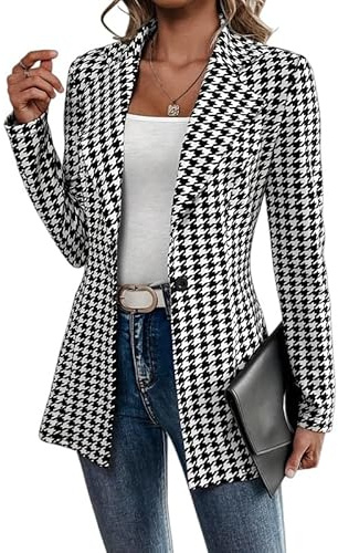 Femme Blazer Blazer Long Pied-De-Poule Femme Coupe Élégante Et Ajustée Revers Cranté Veste De Tailleur Classique Noire Et Blanche À Carreaux Pied-De-Poule Manteau Long De Travail Décontracté