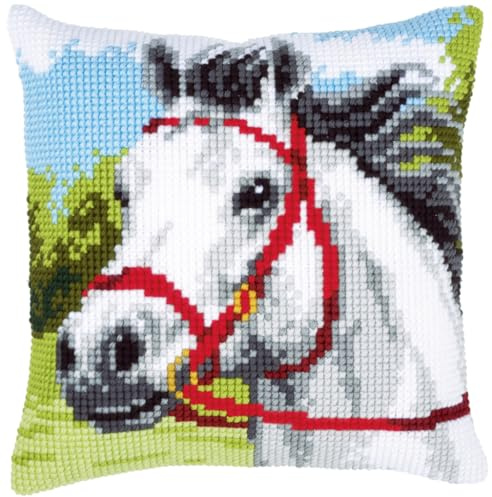 VERVACO Kreuzstich Stickpackungen Kissen Stickerei Set Anfänger Vorgedruckt wei es Pferd DIY Set Kreativ Set Für Erwachsene Dekoratives Kissen ca. 40 x 40 cm Bastelset Handwerker Haus Dekoration
