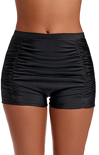Lovache Women's High Waisted Swim Shorts Ruched Boyleg Tummy Control Bikini Bottom, Black, XL