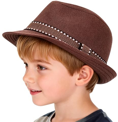 ITODA Kids Summer Panama Hat Fedora Trilby Cap Breathable Straw Sun Hat Linen Top Cap Boys Girls Cowboy Hats UV Protection Travel Beach Hats for 3-8 Year Old Coffee