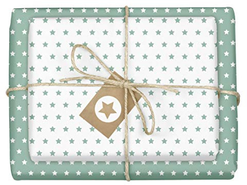 dabelino® Juego de papel de regalo con estrellas (verde menta/blanco): 4 hojas + 4 colgantes (papel ecológico reciclado, sostenible, Navidad, cumpleaños, nacimiento, niña, para cualquier ocasión).
