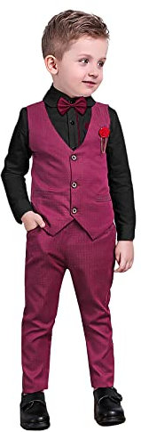 4 Piece Boys Suit Set Kids Blazer & Pants Outfit, Slim Fit Boys Suit for Wedding, Baptism, Pageant, Party, Church, Cocktail Party Birthday or Daily Wear Red Black