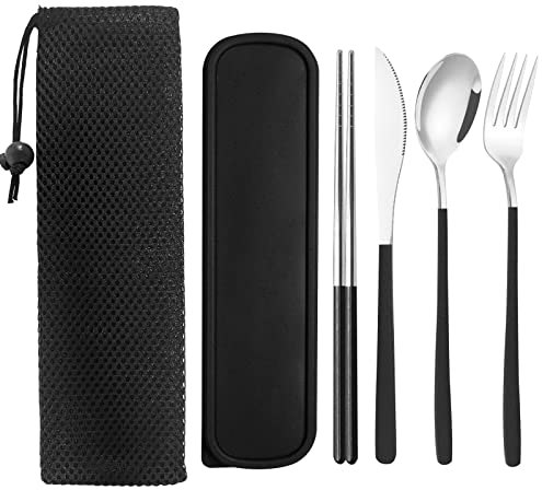Edelstahl-Besteckset mit Etui, TWUTGAYW Tragbares Reisebesteck, Wiederverwendbares Gabel-LöFfel-Messer-EssstäBchen-Set für BüRo, Schule, Reisen, Camping, Picknick (Schwarz, Silbrig)