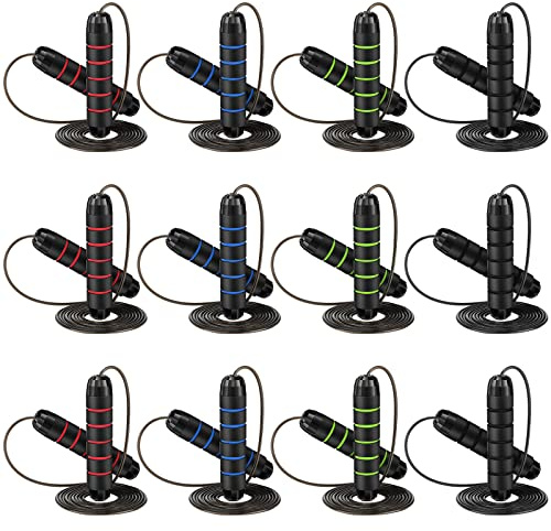 Junkin 12 Pieces Jump Ropes for Fitness with Ball Bearings Speed Jumping Adjustable Skipping Rope with Foam Handles Exercise Stuffer for Men Women Cardio Training Slim Body(Red, Green, Black, Blue)