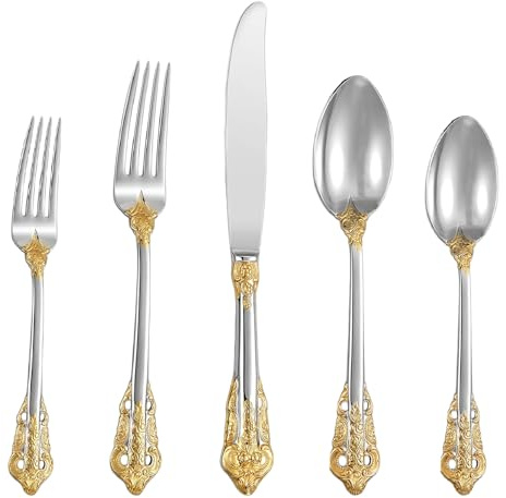 SHEUMNT Hermoso juego de cubiertos de 20 piezas de acero inoxidable 18/10 oro plata barroco, juego de cubiertos de acero inoxidable antioxidante que con caja de regalo